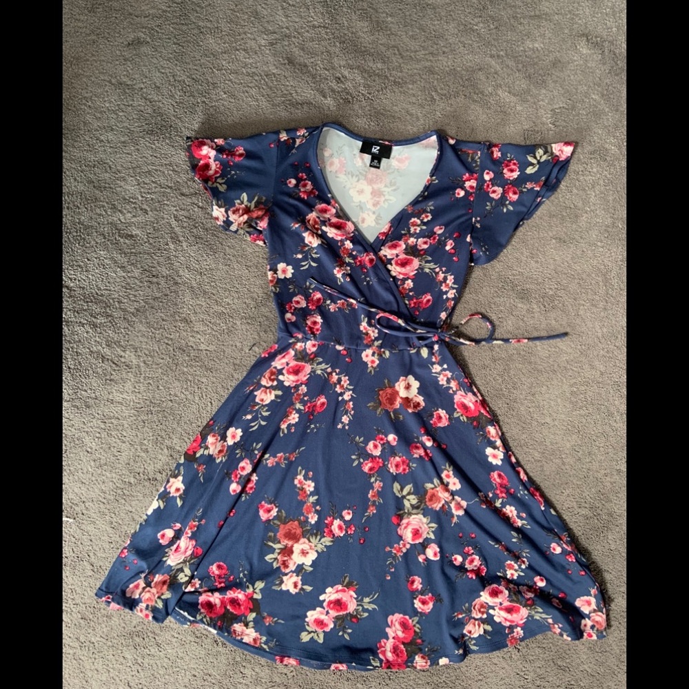 Navy blue floral faux wrap dress